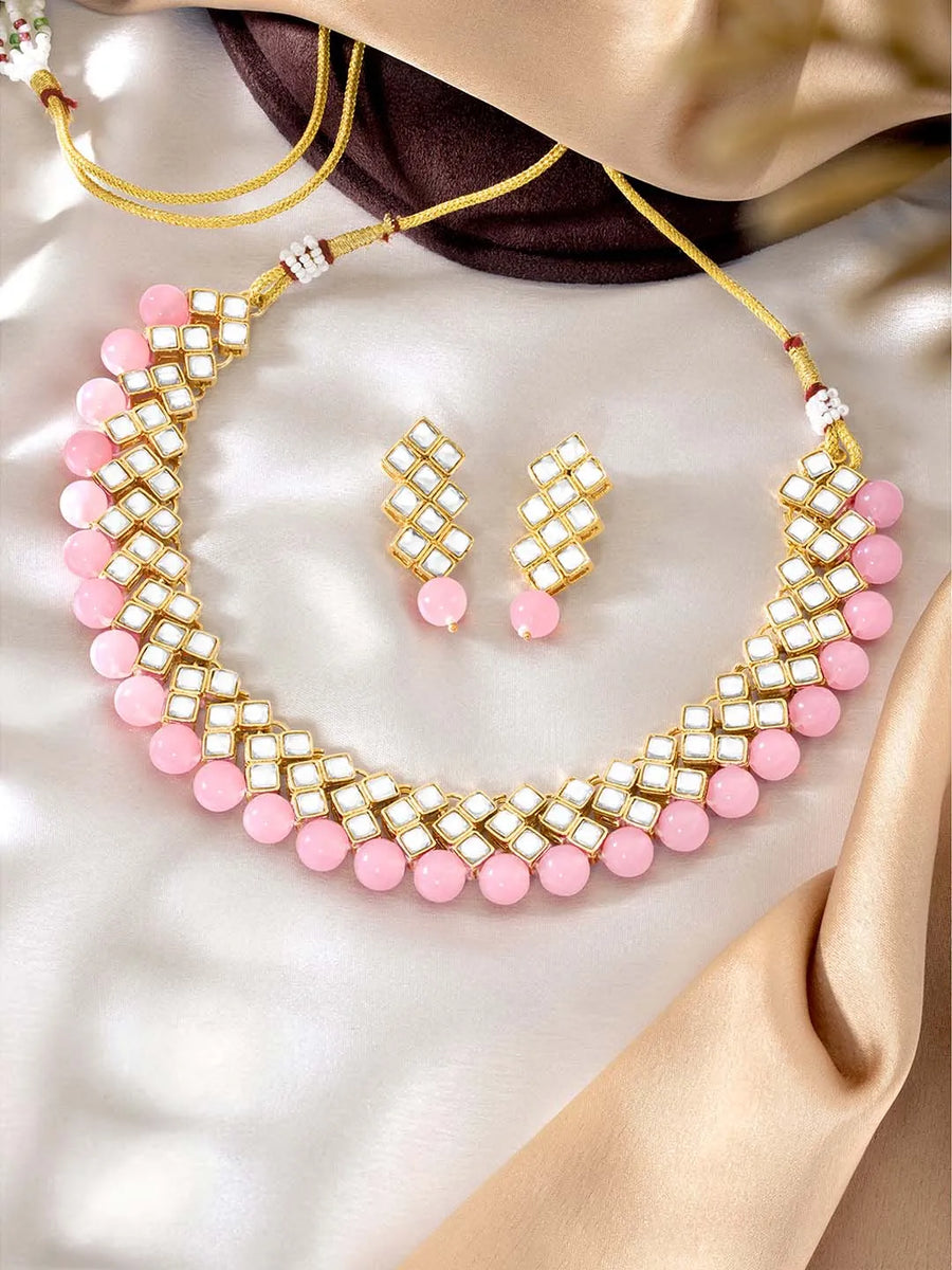 Radiant Maroons Kundan Necklace Set - Pink
