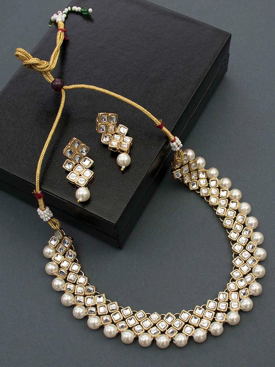 Radiant Maroons Kundan Necklace Set - White