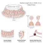 Radiance Faux Kundan Choker Set. Rose gold choker necklace set with white pearls and kundan, paired with matching floral jhumka earrings.