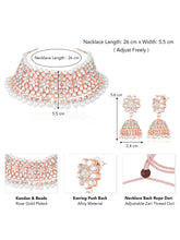 Radiance Faux Kundan Choker Set. Rose gold choker necklace set with white pearls and kundan, paired with matching floral jhumka earrings.