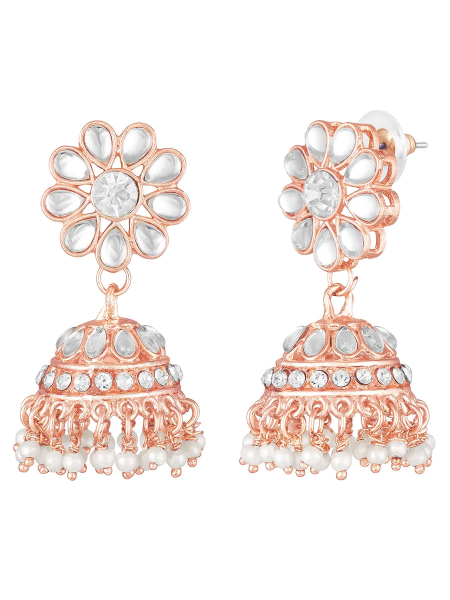 Radiance Faux Kundan Choker Set. Rose gold choker necklace set with white pearls and kundan, paired with matching floral jhumka earrings.