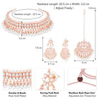 Marvel Kundan Pearls Choker Set. Rose gold choker necklace set with pearls and kundan, paired with matching earrings and maang tikka.