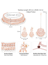 Marvel Kundan Pearls Choker Set. Rose gold choker necklace set with pearls and kundan, paired with matching earrings and maang tikka.