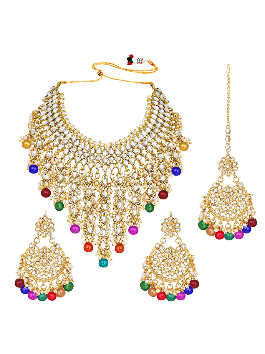Bridal Bliss Kundan Pearl Necklace Set. Gold-plated Kundan bridal necklace set with colorful beads, matching jhumka earrings, and maang tikka. Perfect for weddings and festive occasions.