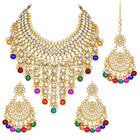 Bridal Bliss Kundan Pearl Necklace Set. Gold-plated Kundan bridal necklace set with colorful beads, matching jhumka earrings, and maang tikka. Perfect for weddings and festive occasions.