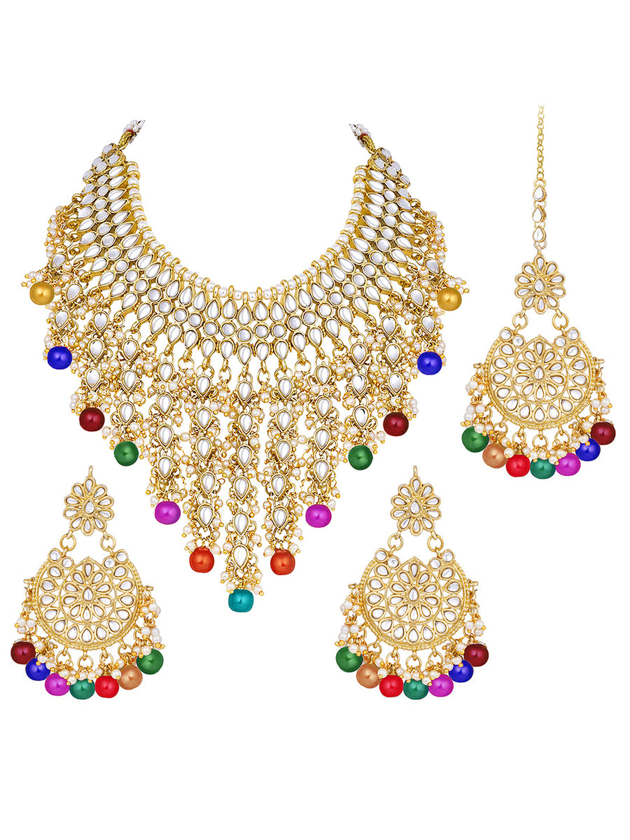 Bridal Bliss Kundan Pearl Necklace Set. Gold-plated Kundan bridal necklace set with colorful beads, matching jhumka earrings, and maang tikka. Perfect for weddings and festive occasions.
