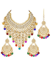 Bridal Bliss Kundan Pearl Necklace Set. Gold-plated Kundan bridal necklace set with colorful beads, matching jhumka earrings, and maang tikka. Perfect for weddings and festive occasions.