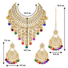 Bridal Bliss Kundan Pearl Necklace Set. Gold-plated Kundan bridal necklace set with colorful beads, matching jhumka earrings, and maang tikka. Perfect for weddings and festive occasions.