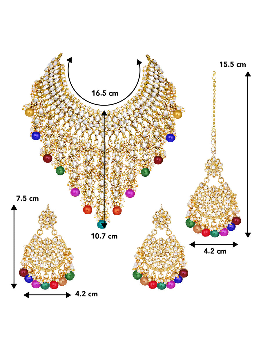 Bridal Bliss Kundan Pearl Necklace Set. Gold-plated Kundan bridal necklace set with colorful beads, matching jhumka earrings, and maang tikka. Perfect for weddings and festive occasions.