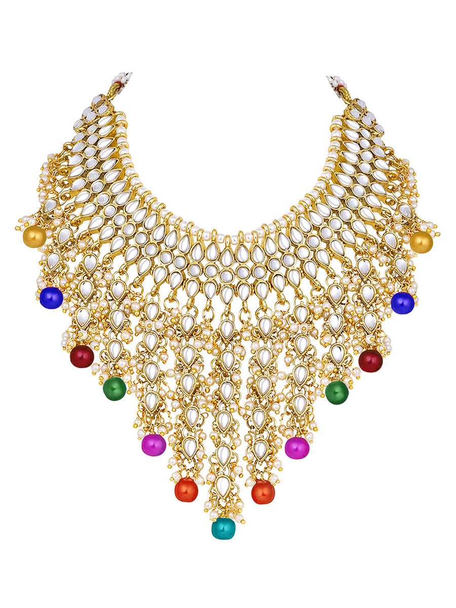 Bridal Bliss Kundan Pearl Necklace Set. Gold-plated Kundan bridal necklace set with colorful beads, matching jhumka earrings, and maang tikka. Perfect for weddings and festive occasions.