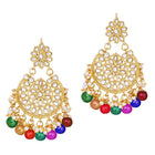 Bridal Bliss Kundan Pearl Necklace Set. Gold-plated Kundan bridal necklace set with colorful beads, matching jhumka earrings, and maang tikka. Perfect for weddings and festive occasions.