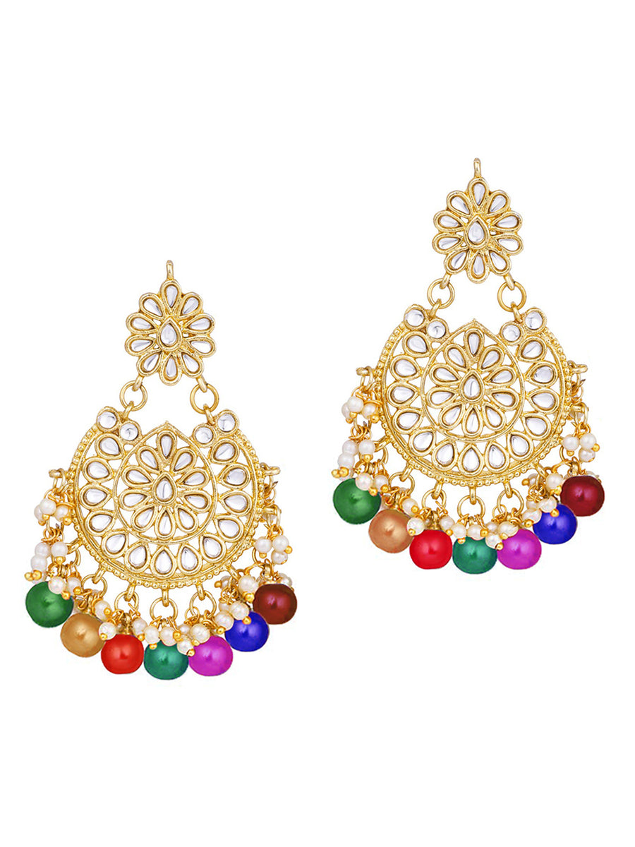 Bridal Bliss Kundan Pearl Necklace Set. Gold-plated Kundan bridal necklace set with colorful beads, matching jhumka earrings, and maang tikka. Perfect for weddings and festive occasions.
