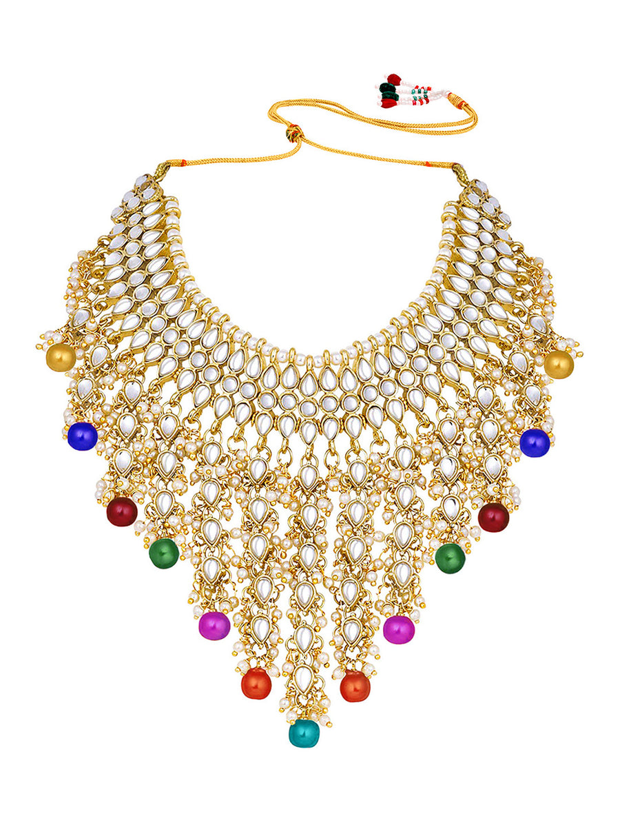 Bridal Bliss Kundan Pearl Necklace Set. Gold-plated Kundan bridal necklace set with colorful beads, matching jhumka earrings, and maang tikka. Perfect for weddings and festive occasions.