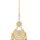 Bridal Bliss Kundan Pearl Necklace Set. Gold-plated Kundan bridal necklace set with colorful beads, matching jhumka earrings, and maang tikka. Perfect for weddings and festive occasions.