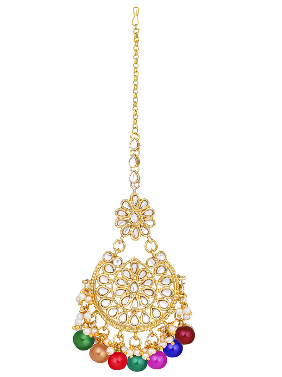 Bridal Bliss Kundan Pearl Necklace Set. Gold-plated Kundan bridal necklace set with colorful beads, matching jhumka earrings, and maang tikka. Perfect for weddings and festive occasions.
