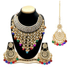 Bridal Bliss Kundan Pearl Necklace Set. Gold-plated Kundan bridal necklace set with colorful beads, matching jhumka earrings, and maang tikka. Perfect for weddings and festive occasions.
