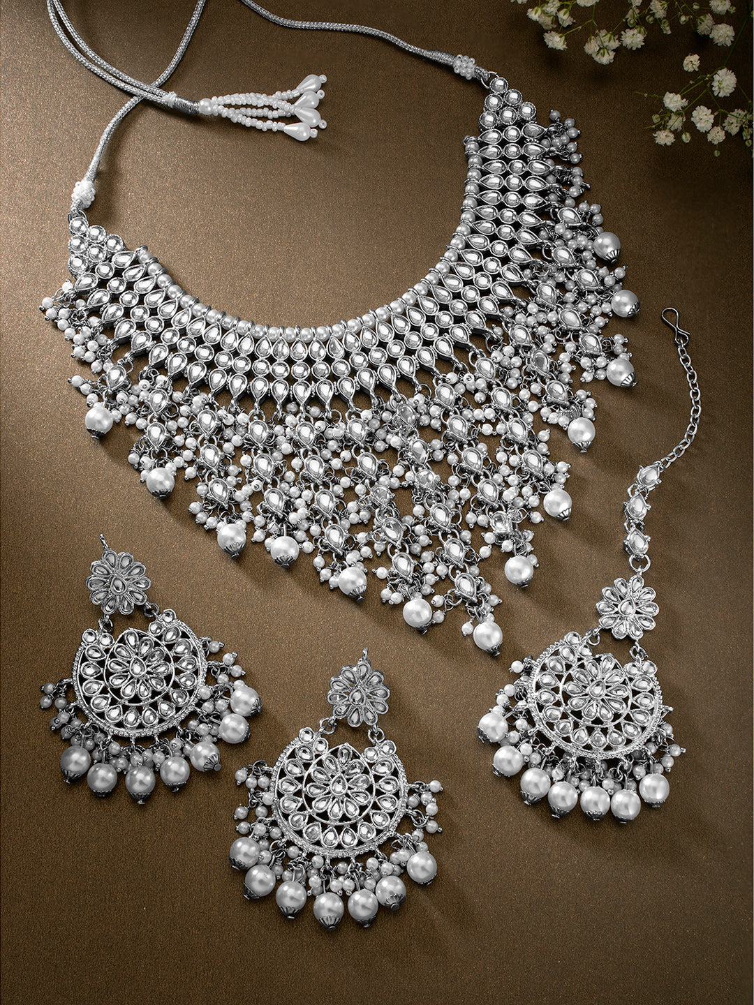 Bridal Bliss Silver Kundan Pearl Necklace Set