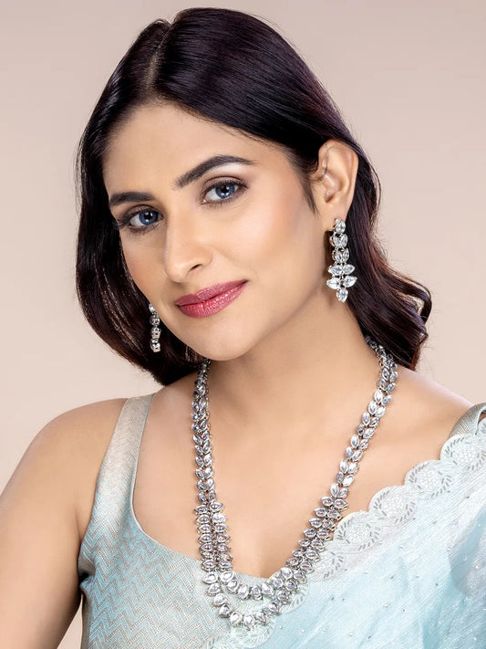 Splendour Kundan Long Necklace Set - Rodium White