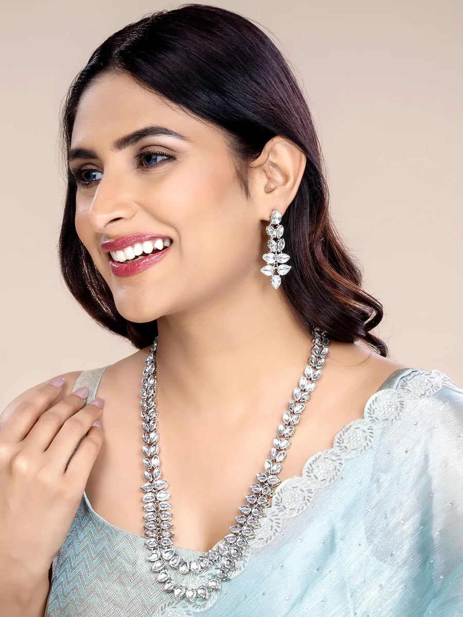 Splendour Kundan Long Necklace Set - Rodium White