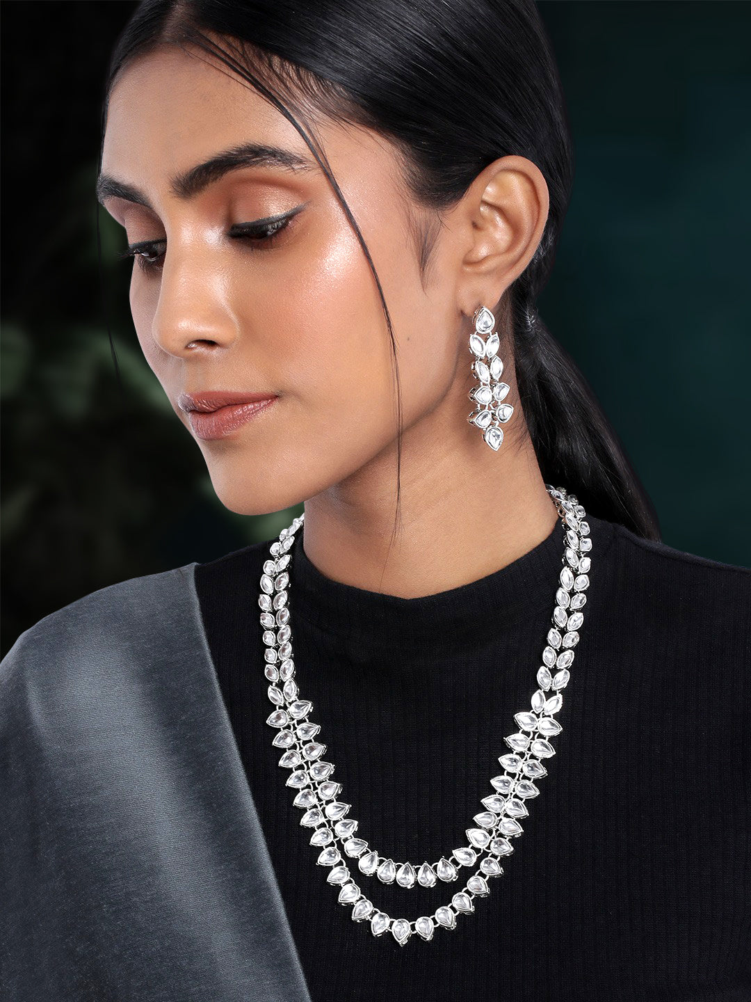 Silver Splendour Kundan Long Necklace Set