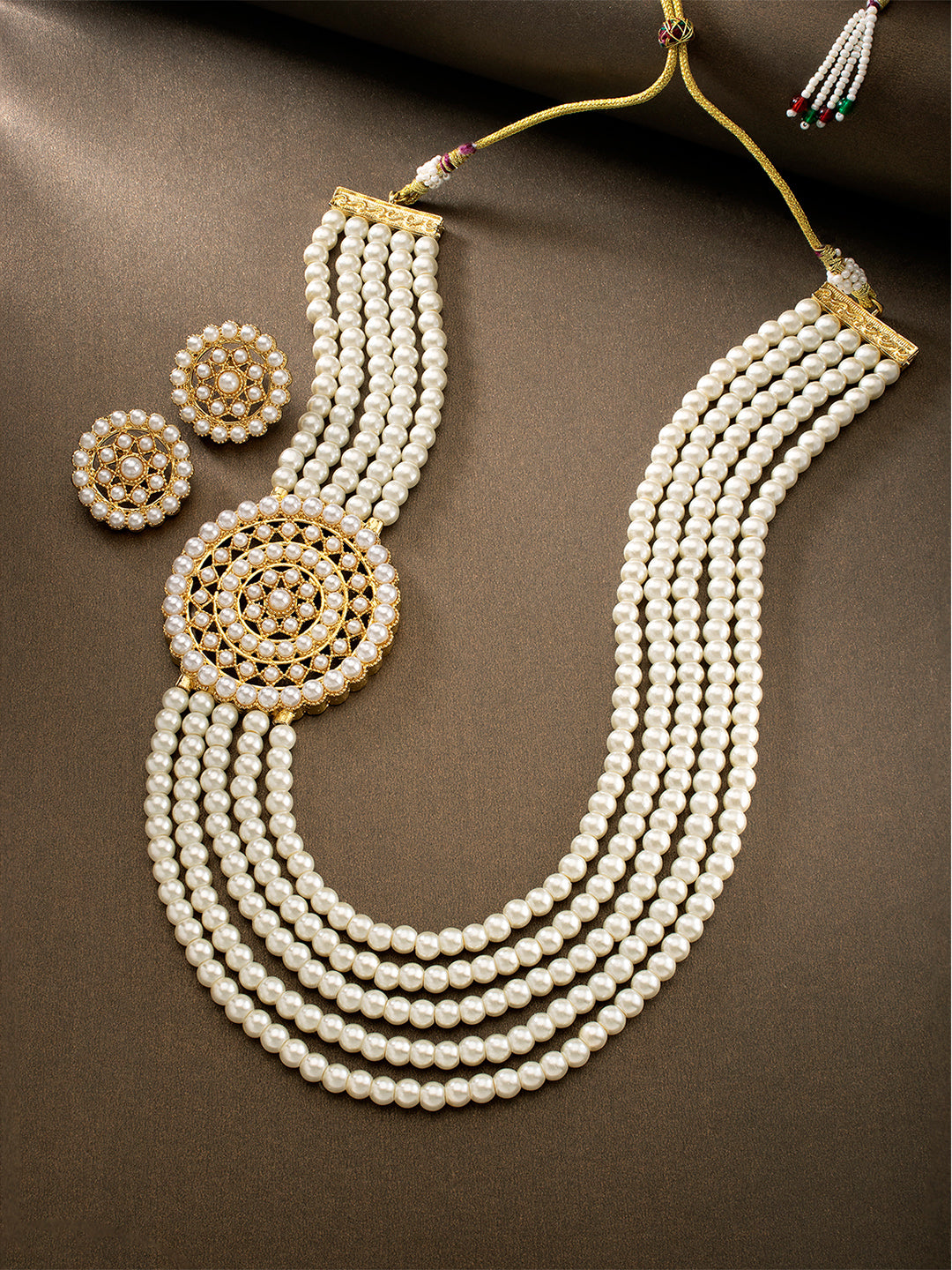 Pearl Cascade Layered White Kundan Long Necklace Set