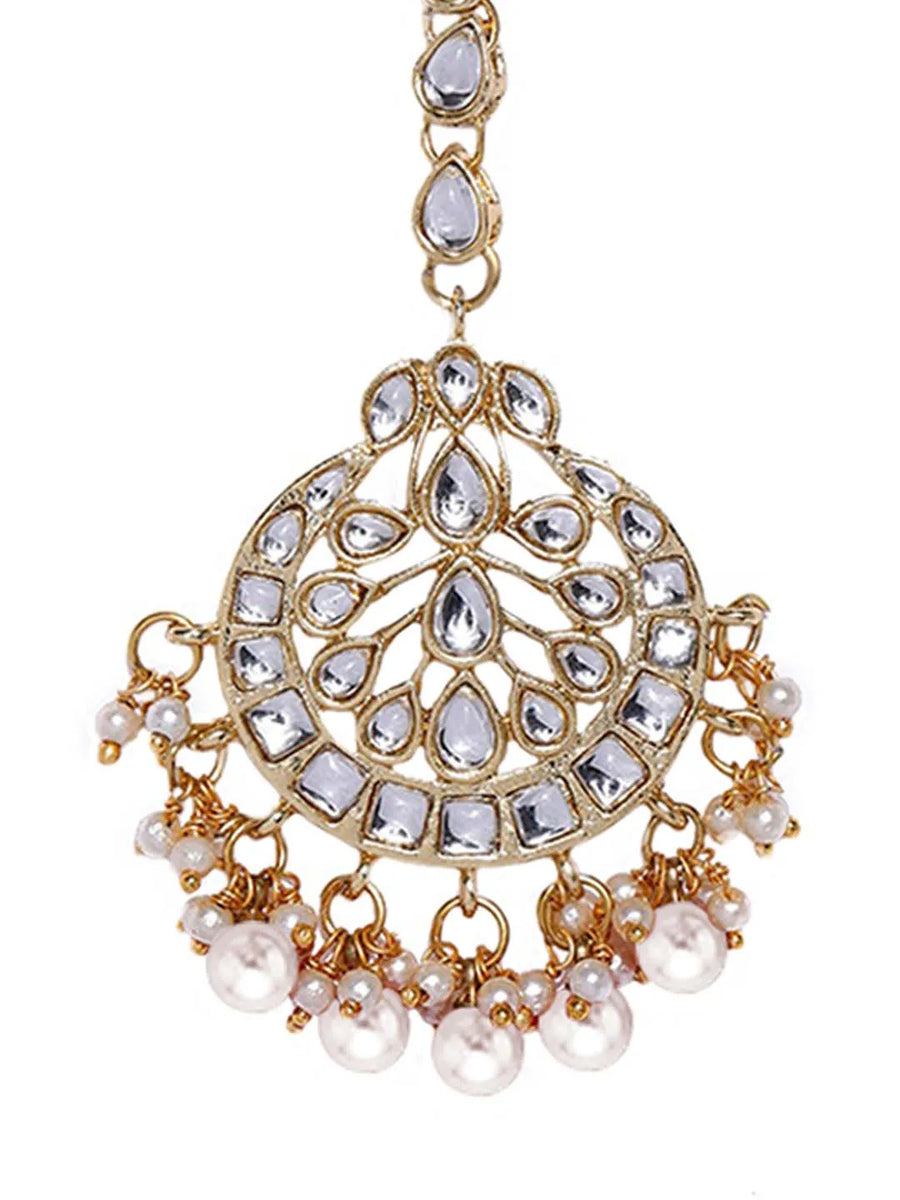 Kundan Pearl Maangtikka – Graceful Bridal Forehead Jewellery | Peora

