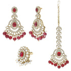 Gold Plated Grand Red Kundan Earrings Tikka Set