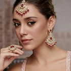 Gold Plated Grand Red Kundan Earrings Tikka Set