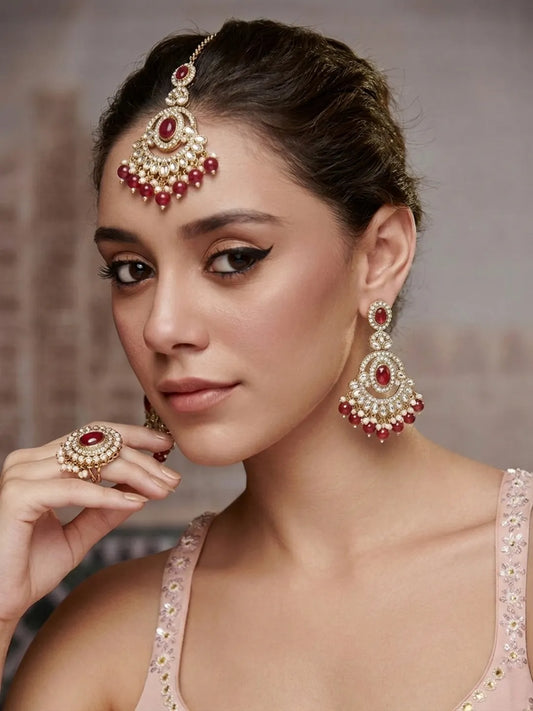 Gold Plated Grand Red Kundan Earrings Tikka Set