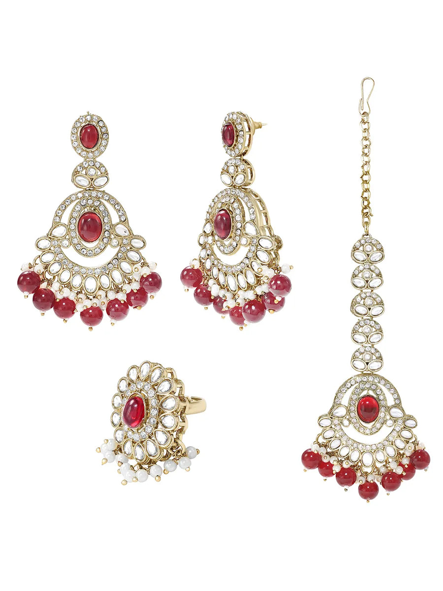 Gold Plated Grand Red Kundan Earrings Tikka Set