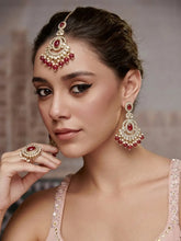 Gold Plated Grand Red Kundan Earrings Tikka Set