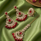 Gold Plated Grand Red Kundan Earrings Tikka Set