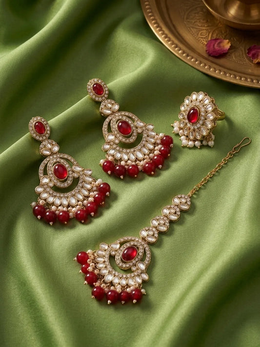 Gold Plated Grand Red Kundan Earrings Tikka Set