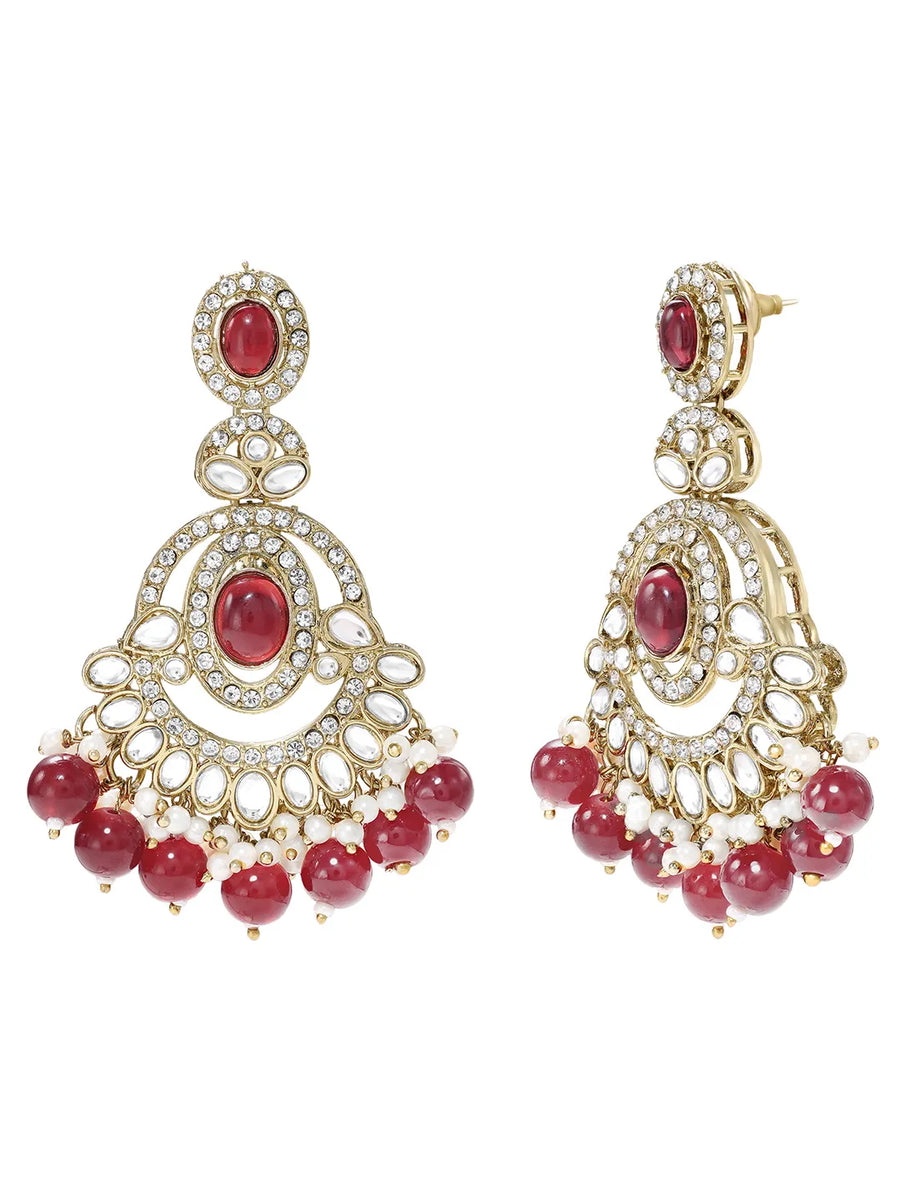 Gold Plated Grand Red Kundan Earrings Tikka Set