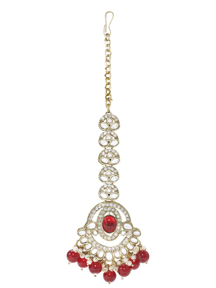 Gold Plated Grand Red Kundan Earrings Tikka Set
