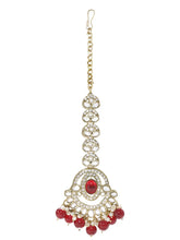 Gold Plated Grand Red Kundan Earrings Tikka Set