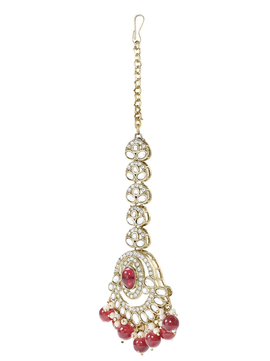Gold Plated Grand Red Kundan Earrings Tikka Set