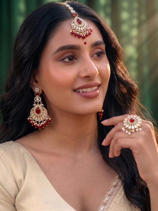 Gold Plated Crownwork Kundan Tikka Set