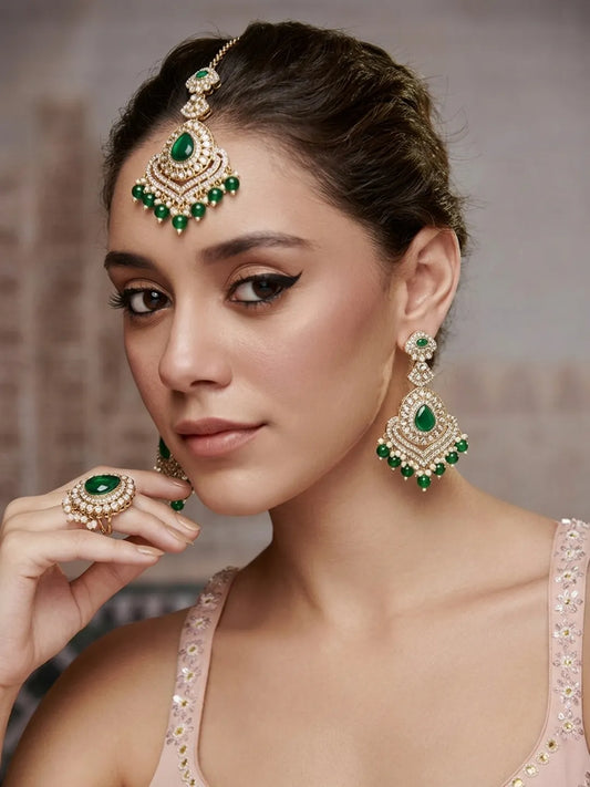 Gold Plated Verdant Majesty Kundan Tikka Set
