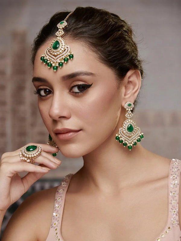 Gold Plated Verdant Majesty Kundan Tikka Set