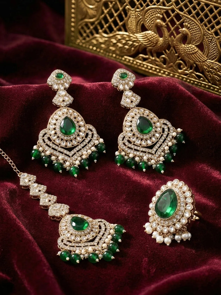 Gold Plated Verdant Majesty Kundan Tikka Set