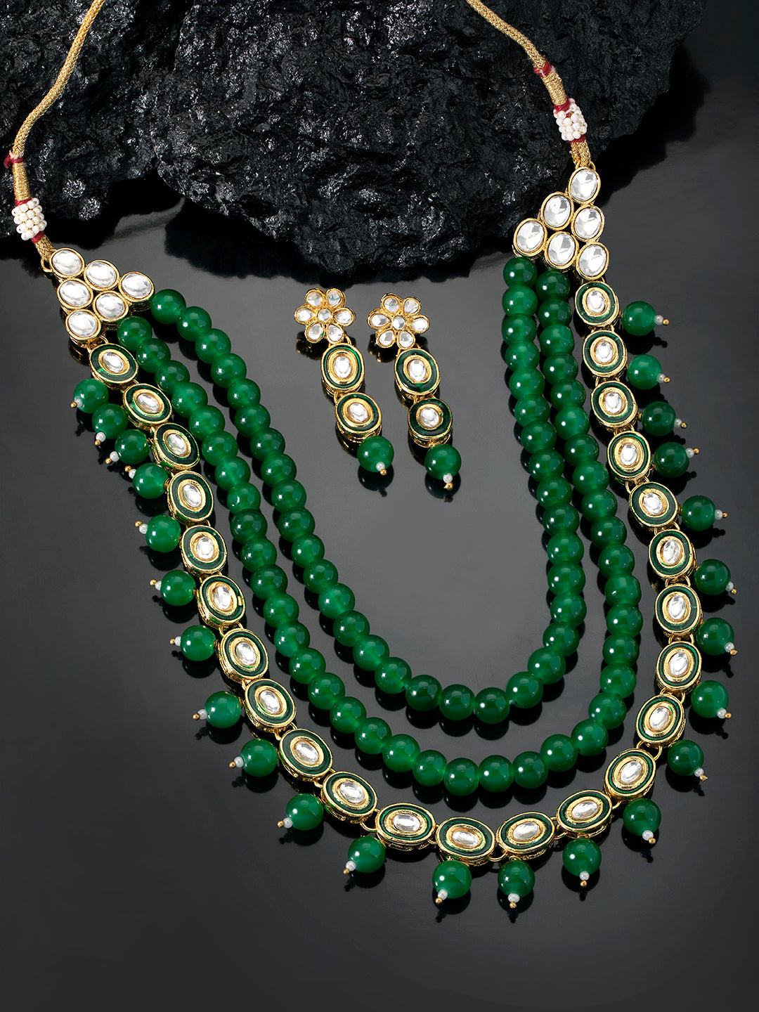 Jewelled Fantasy Green Faux Pearls Kundan Long Necklace Set