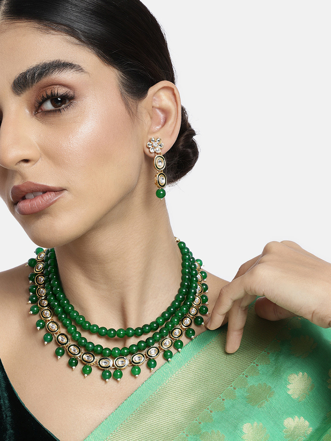 Jewelled Fantasy Green Faux Pearls Kundan Long Necklace Set