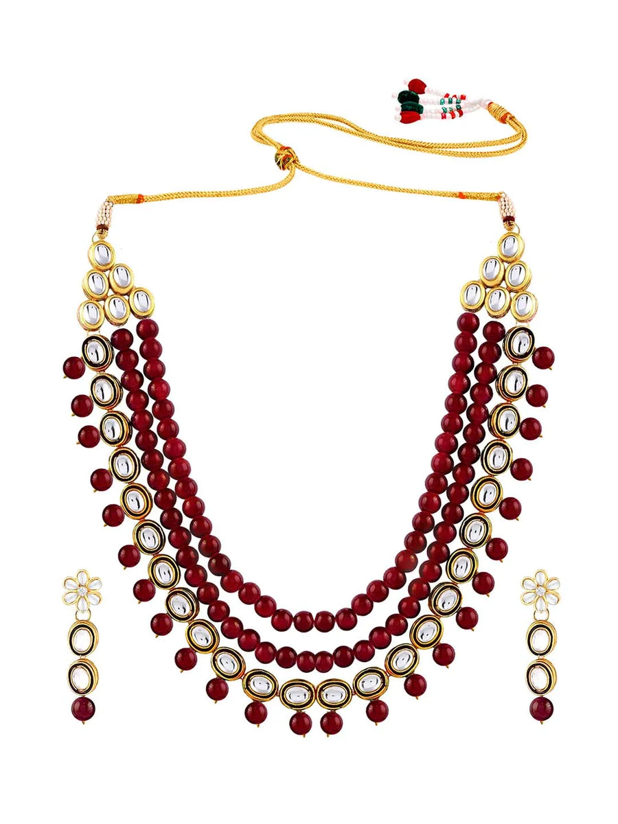 Jewelled Fantasy Kundan Pearl Necklace - Maroon