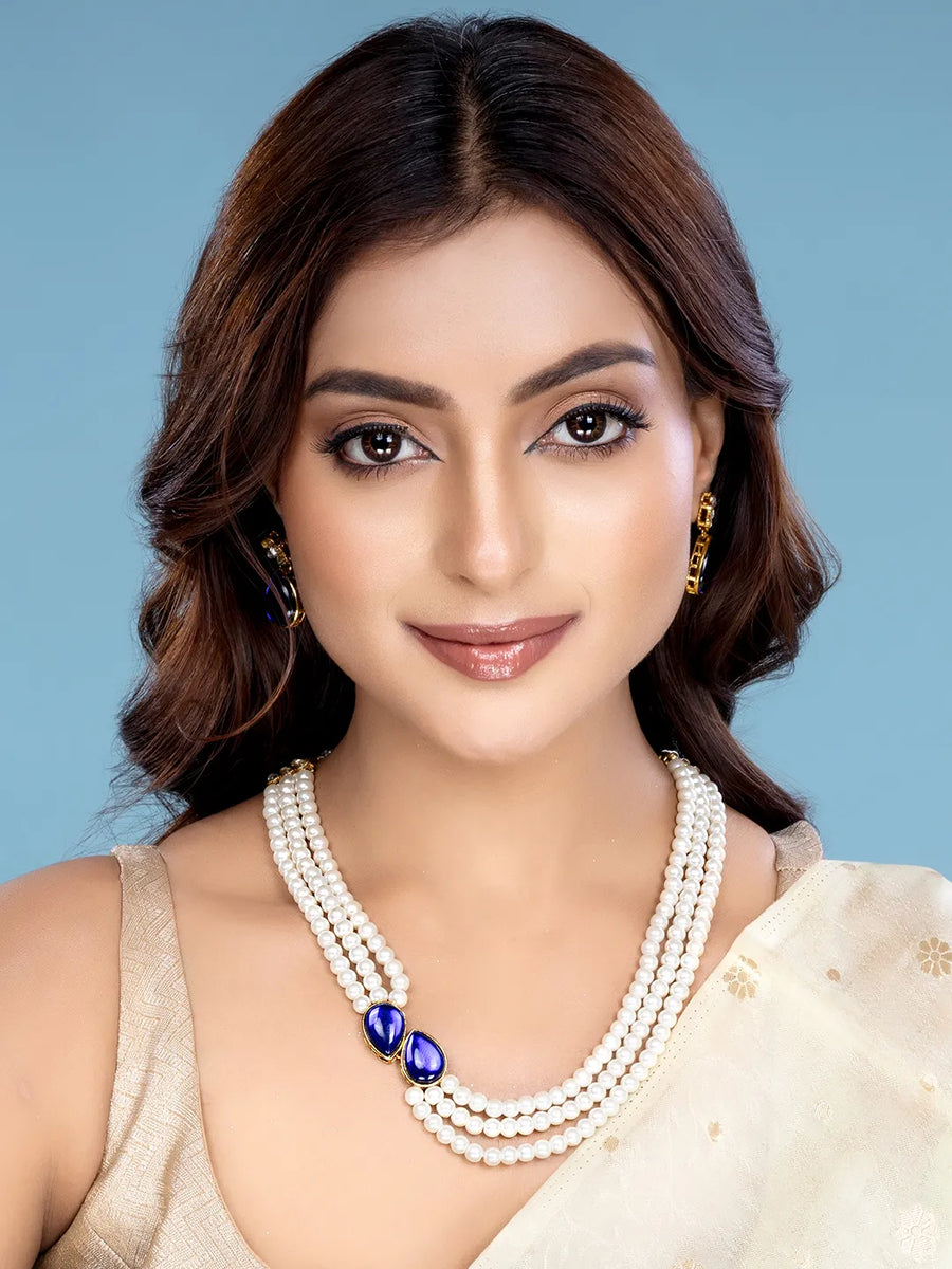Pearl Elegance Stones Necklace Set - Blue