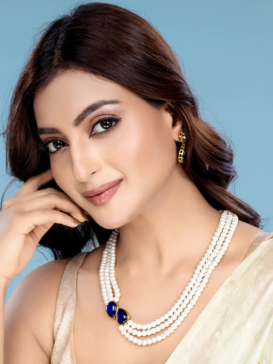 Pearl Elegance Stones Necklace Set - Blue