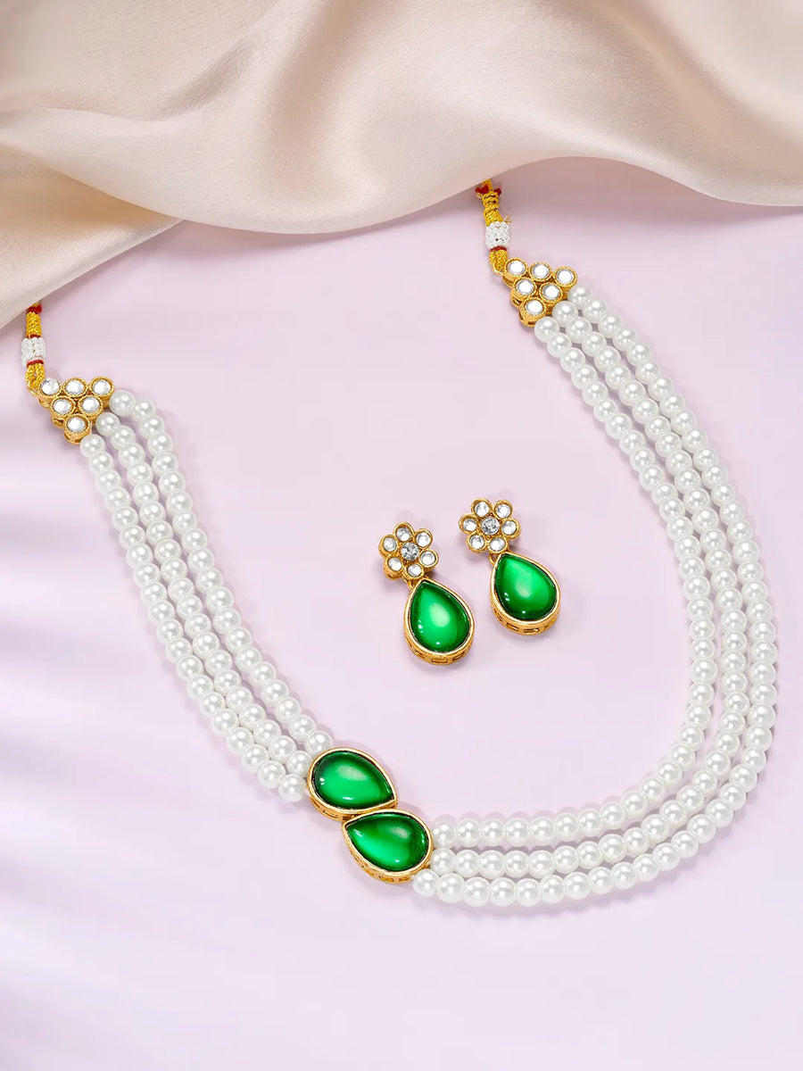 Pearl Elegance Stones Necklace Set - Green