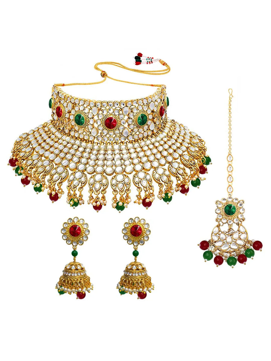 Kundan Pearl Bridal Necklace Set - Maroon - Green