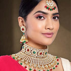 Kundan Pearl Bridal Necklace Set - Maroon - Green
