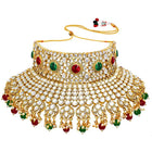 Kundan Pearl Bridal Necklace Set - Maroon - Green